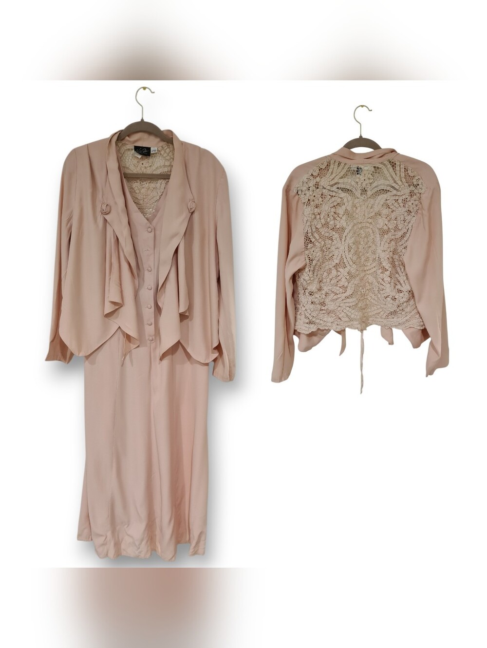 Vintage Pink Wild Rose Women 2 Piece Dress & Crochet Laced Back Jacket Size 14